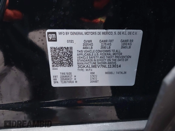 2022 GMC Terrain SLE with VIN 3GKALMEV7NL113014, listed as a IAAI auction lot 41735575 with 35,322 mi miles. Bid and sale history available at carsss.com. Image 9.