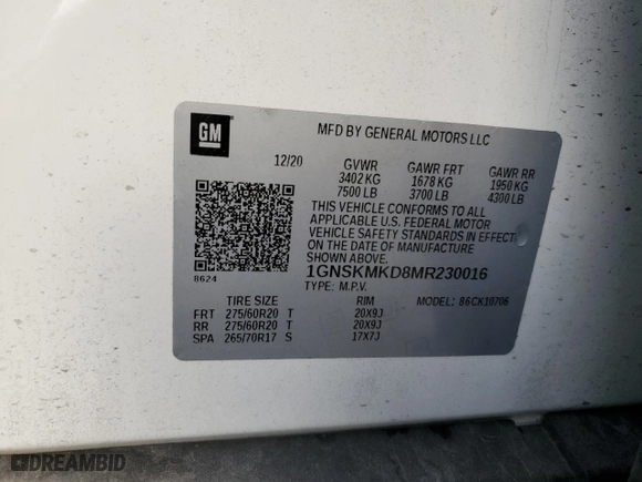 2021 Chevrolet Tahoe LS with VIN 1GNSKMKD8MR230016, listed as a Copart auction lot 78978574 with 62,970 mi miles and Salvage Title. Bid and sale history available at carsss.com. Image 13.