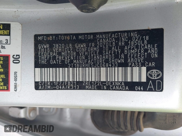 2018 Toyota Corolla L z VIN 2T1BURHE5JC068433, wystawiony jako IAAI lot #42236630 z przebiegiem Nie podano mil oraz . Historia ofert i sprzedaży dostępna na DreamBid. Obrazek 9.