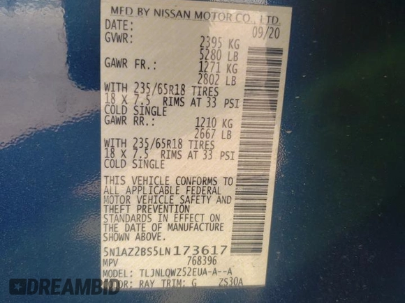 2020 Nissan Murano SV with VIN 5N1AZ2BS5LN173617, listed as a Copart auction lot 54603575 with 46,400 mi miles and Salvage title. Bid and sale history available at DreamBid. Image 13.