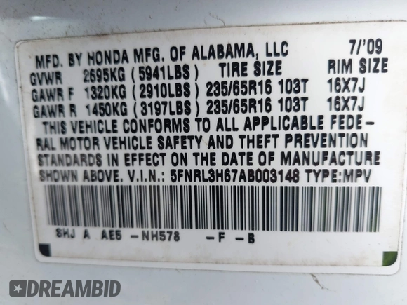 2010 Honda Odyssey EX-L with VIN 5FNRL3H67AB003148, listed as a IAAI auction lot 42244575 with 176,119 mi miles and . Bid and sale history available at DreamBid. Image 9.