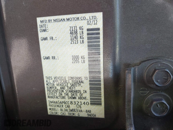 2012 Nissan Maxima SV z VIN 1N4AA5AP6CC832140, wystawiony jako IAAI lot #42509966 z przebiegiem 216 426 mil mil oraz . Historia ofert i sprzedaży dostępna na DreamBid. Obrazek 9.