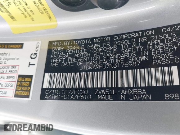 2022 Toyota Prius L Eco with VIN JTDKAMFU7N3175987, listed as a IAAI auction lot 41625093 with Not provided miles and . Bid and sale history available at DreamBid. Image 9.