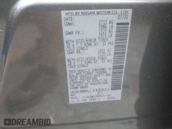 2020 Infiniti QX60 Luxe with VIN 5N1DL0MN9LC538922, listed as a IAAI auction lot 42028937 with 81,169 mi miles and . Bid and sale history available at DreamBid. Image 9.