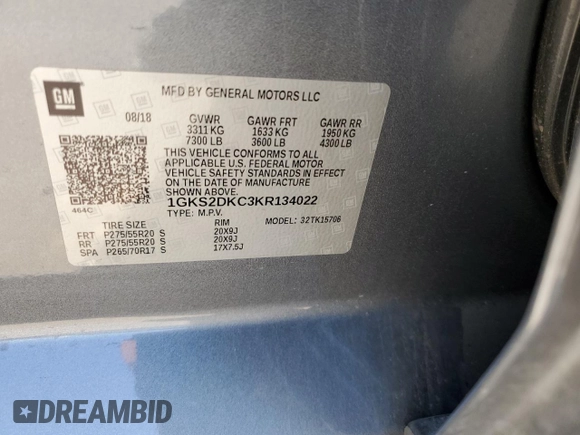 2019 GMC Yukon SLT Standard Edition with VIN 1GKS2DKC3KR134022, listed as a Copart auction lot 83202344 with 201,621 mi miles and Salvage Title. Bid and sale history available at carsss.com. Image 13.