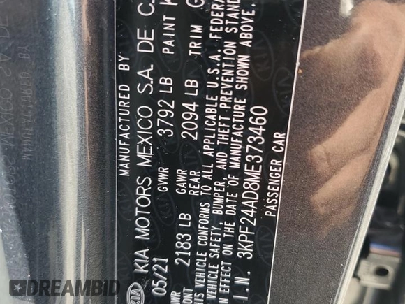 2021 Kia Forte FE z VIN 3KPF24AD8ME373460, wystawiony jako Copart lot #45184105 z przebiegiem 54 878 mil mil oraz Czysty tytuł • Clean title. Historia ofert i sprzedaży dostępna na DreamBid. Obrazek 12.