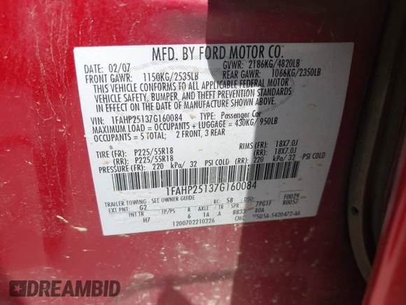 2007 Ford Five Hundred Limited with VIN 1FAHP25137G160084, listed as a IAAI auction lot 42504476 with 226,778 mi miles and . Bid and sale history available at DreamBid. Image 9.