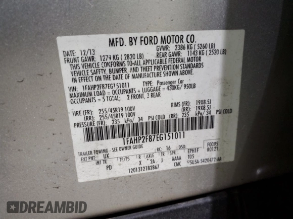 2014 Ford Taurus Limited with VIN 1FAHP2F87EG151011, listed as a Copart auction lot 48025635 with 145,726 mi miles and Non Repairable. Bid and sale history available at carsss.com. Image 12.