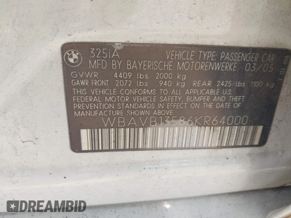 2006 BMW 3 Series 325i with VIN WBAVB13586KR64000, listed as a IAAI auction lot 42185081 with 160,589 mi miles. Bid and sale history available at carsss.com. Image 9.