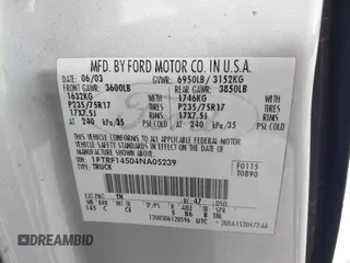 2004 Ford F-150 XL z VIN 1FTRF14504NA05239, wystawiony jako IAAI lot #41272950 z przebiegiem Nie podano mil oraz . Historia ofert i sprzedaży dostępna na DreamBid. Obrazek 9.