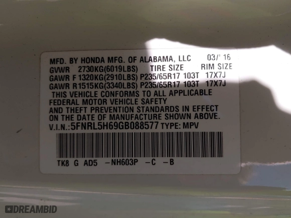 2016 Honda Odyssey EX-L with VIN 5FNRL5H69GB088577, listed as a IAAI auction lot 41768752 with 157,058 mi miles. Bid and sale history available at carsss.com. Image 9.