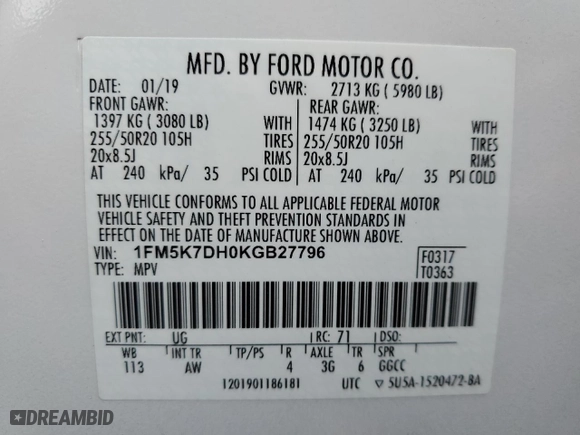 2019 Ford Explorer XLT with VIN 1FM5K7DH0KGB27796, listed as a Copart auction lot 49160255 with 108,207 mi miles and Salvage Title. Bid and sale history available at carsss.com. Image 15.