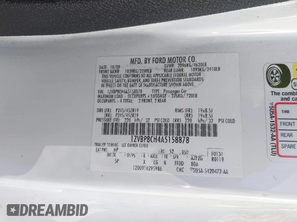 2010 Ford Mustang GT with VIN 1ZVBP8CH4A5158878, listed as a IAAI auction lot 41788790 with 133,892 mi miles and . Bid and sale history available at DreamBid. Image 9.