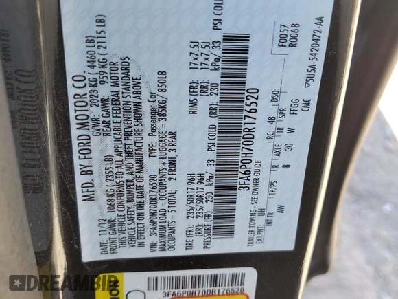 2013 Ford Fusion SE with VIN 3FA6P0H70DR176520, listed as a Copart auction lot 53720985 with 178,455 mi miles and Clean Title. Bid and sale history available at carsss.com. Image 13.