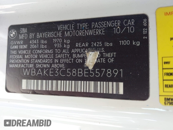 2011 BMW 3 Series 328i with VIN WBAKE3C58BE557891, listed as a IAAI auction lot 41717023 with 99,053 mi miles and . Bid and sale history available at carsss.com. Image 9.