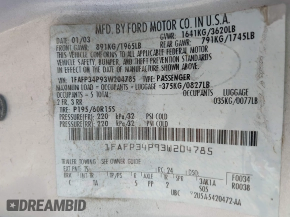 2003 Ford Focus SE with VIN 1FAFP34P93W204785, listed as a IAAI auction lot 42012026 with Not Provided miles and . Bid and sale history available at carsss.com. Image 9.