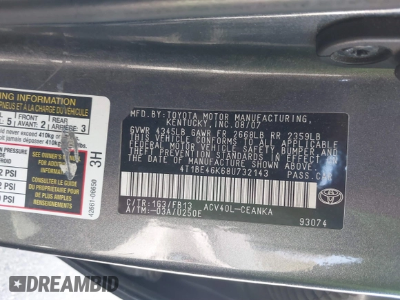 2008 Toyota Camry LE with VIN 4T1BE46K68U732143, listed as a IAAI auction lot 41845419 with 236,214 mi miles. Bid and sale history available at carsss.com. Image 9.