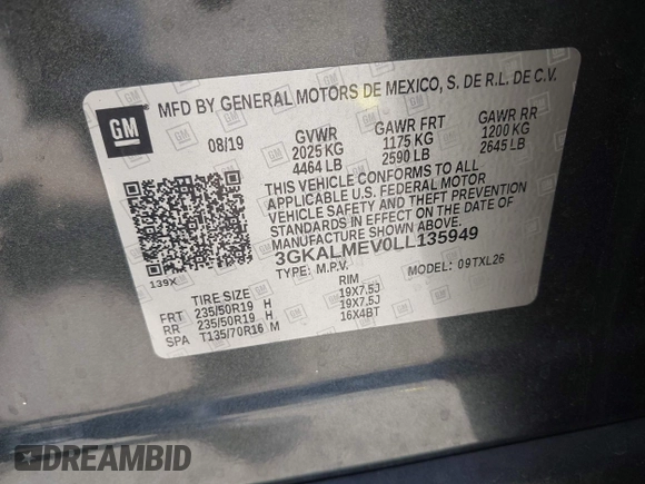 2020 GMC Terrain SLE with VIN 3GKALMEV0LL135949, listed as a IAAI auction lot 42509764 with 148,399 mi miles and . Bid and sale history available at DreamBid. Image 9.