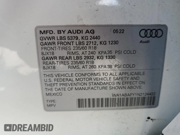 2022 Audi Q5 Premium with VIN WA1ABAFY1N2124432, listed as a Copart auction lot 46852544 with 11,442 mi miles and Salvage title. Bid and sale history available at DreamBid. Image 12.