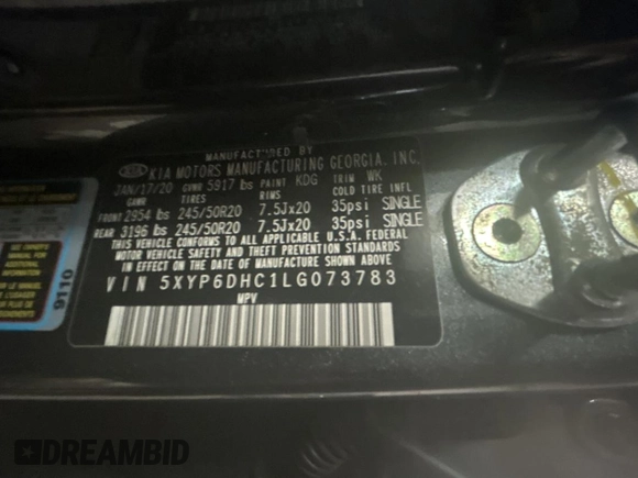 2020 Kia Telluride S with VIN 5XYP6DHC1LG073783, listed as a Copart auction lot 54958565 with 77,176 mi miles and Clean Title. Bid and sale history available at DreamBid. Image 10.