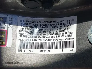 2006 Honda Civic LX with VIN 1HGFA16526L051492, listed as a IAAI auction lot 42170205 with 133,773 mi miles and . Bid and sale history available at DreamBid. Image 9.
