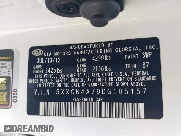 2013 Kia Optima EX with VIN 5XXGN4A79DG105157, listed as a IAAI auction lot 42496945 with 119,000 mi miles and . Bid and sale history available at DreamBid. Image 9.