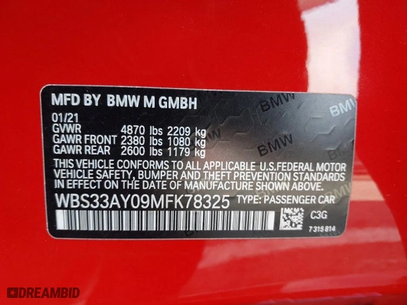 2021 BMW M3 Competition with VIN WBS33AY09MFK78325, listed as a IAAI auction lot 41741258 with 30,300 mi miles. Bid and sale history available at carsss.com. Image 9.