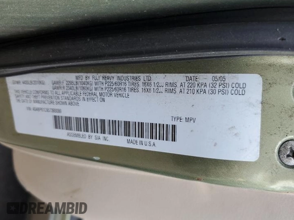 2005 Subaru Legacy Outback with VIN 4S4BP61C957393099, listed as a Copart auction lot 56896965 with Not provided miles and Salvage title. Bid and sale history available at DreamBid. Image 12.