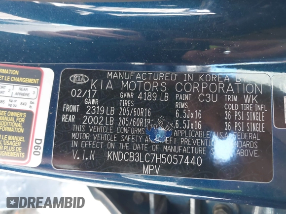 2017 Kia Niro LX with VIN KNDCB3LC7H5057440, listed as a IAAI auction lot 41639326 with 83,481 mi miles. Bid and sale history available at carsss.com. Image 9.