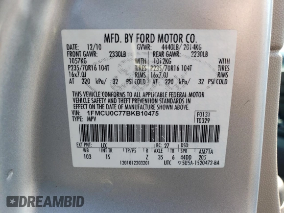 2011 Ford Escape XLS z VIN 1FMCU0C77BKB10475, wystawiony jako Copart lot #65480065 z przebiegiem 90 760 mil mil oraz Czysty tytuł • Clean title. Historia ofert i sprzedaży dostępna na DreamBid. Obrazek 13.