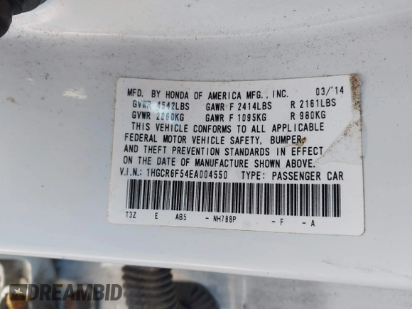 2014 Honda Accord EX-L with VIN 1HGCR6F54EA004550, listed as a IAAI auction lot 41843292 with Not Provided miles and . Bid and sale history available at DreamBid. Image 9.