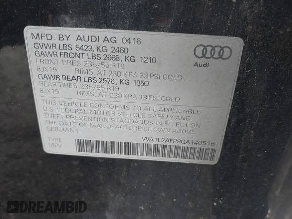 2016 Audi Q5 Premium Plus with VIN WA1L2AFP9GA140516, listed as a IAAI auction lot 42537538 with 134,388 mi miles and . Bid and sale history available at DreamBid. Image 9.