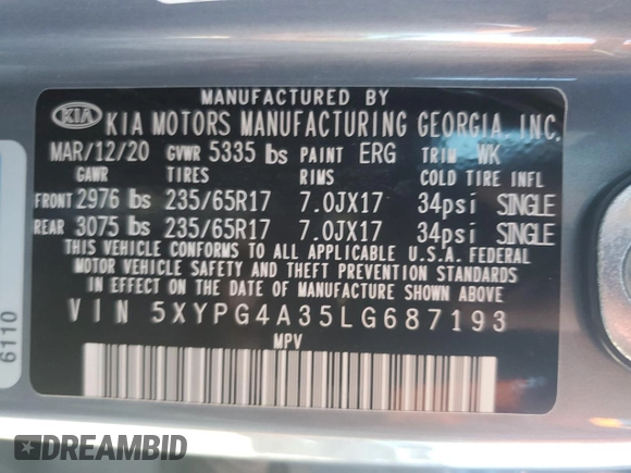 2020 Kia Sorento LX with VIN 5XYPG4A35LG687193, listed as a Copart auction lot 47012195 with 0 mi miles and Salvage Title. Bid and sale history available at carsss.com. Image 15.