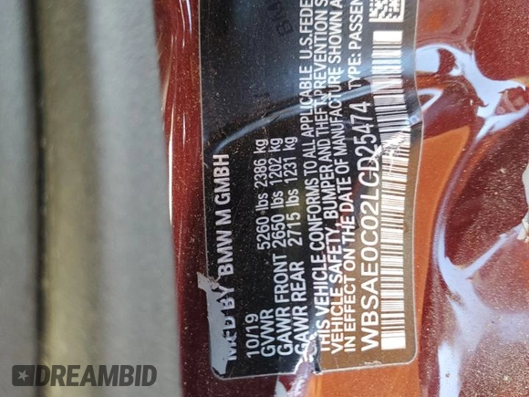 2020 BMW M8 z VIN WBSAE0C02LCD25474, wystawiony jako Copart lot #79533434 z przebiegiem Nie podano mil oraz Szkoda całkowita • Salvage title. Historia ofert i sprzedaży dostępna na DreamBid. Obrazek 14.