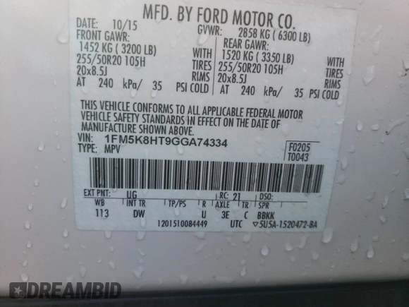 2016 Ford Explorer Platinum with VIN 1FM5K8HT9GGA74334, listed as a Copart auction lot 46242485 with 118,728 mi miles and Salvage Title. Bid and sale history available at DreamBid. Image 14.