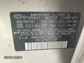 2008 Hyundai Elantra GLS with VIN KMHDU46D78U565529, listed as a IAAI auction lot 42393502 with 188,669 mi miles and . Bid and sale history available at DreamBid. Image 9.