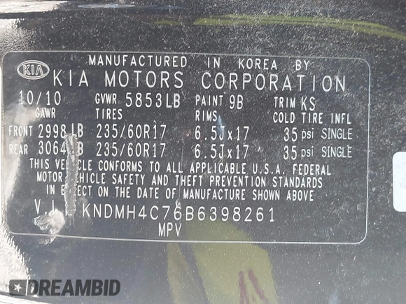 2011 Kia Sedona EX with VIN KNDMH4C76B6398261, listed as a IAAI auction lot 41894696 with 180,297 mi miles. Bid and sale history available at carsss.com. Image 9.
