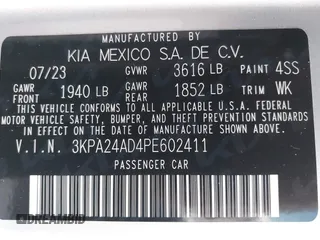 2023 Kia Rio LX with VIN 3KPA24AD4PE602411, listed as a IAAI auction lot 41860688 with 19,200 mi miles. Bid and sale history available at carsss.com. Image 9.