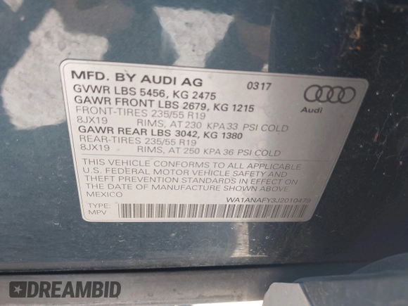 2018 Audi Q5 Premium with VIN WA1ANAFY3J2010479, listed as a IAAI auction lot 41770107 with 52,997 mi miles. Bid and sale history available at carsss.com. Image 9.
