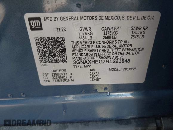 2024 Chevrolet Equinox LS with VIN 3GNAXHEG7RL221848, listed as a IAAI auction lot 41916003 with 10,249 mi miles and . Bid and sale history available at DreamBid. Image 9.
