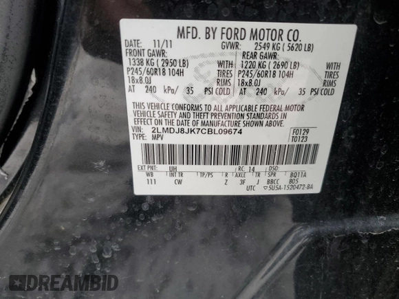 2012 Lincoln MKX with VIN 2LMDJ8JK7CBL09674, listed as a Copart auction lot 48488015 with 103,182 mi miles and Salvage Title. Bid and sale history available at DreamBid. Image 14.