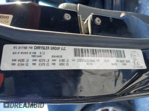 2013 Dodge Dart Limited with VIN 1C3CDFCH1DD132063, listed as a Copart auction lot 43979355 with 247,413 mi miles and Clean Title. Bid and sale history available at DreamBid. Image 12.