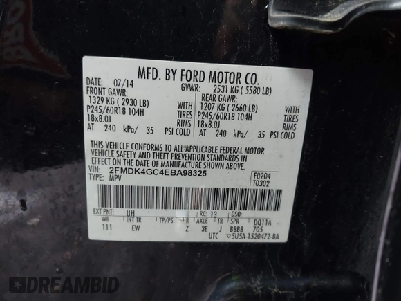 2014 Ford Edge SE with VIN 2FMDK4GC4EBA98325, listed as a IAAI auction lot 42197800 with 231,052 mi miles and . Bid and sale history available at DreamBid. Image 9.