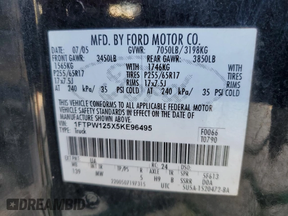 2005 Ford F-150 XLT with VIN 1FTPW125X5KE96495, listed as a Copart auction lot 54894415 with 231,121 mi miles and Clean Title. Bid and sale history available at carsss.com. Image 12.