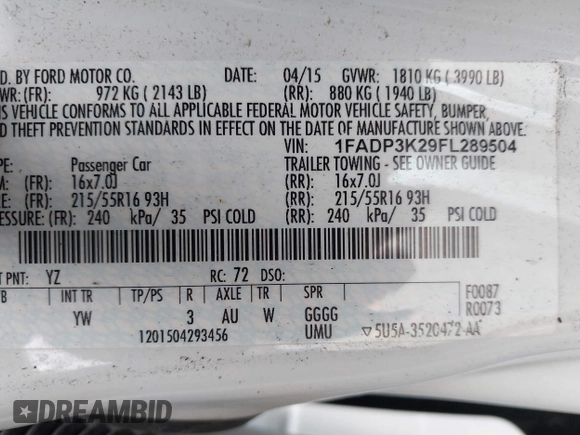2015 Ford Focus SE with VIN 1FADP3K29FL289504, listed as a IAAI auction lot 41963365 with Not Provided miles. Bid and sale history available at carsss.com. Image 9.