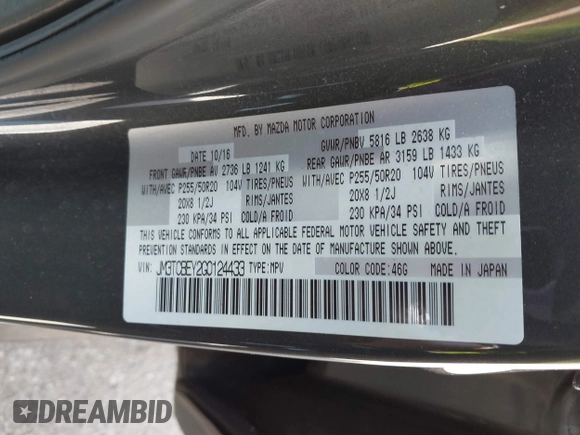 2016 Mazda CX-9 Signature with VIN JM3TCBEY2G0124433, listed as a IAAI auction lot 42194154 with 108,945 mi miles and . Bid and sale history available at DreamBid. Image 9.
