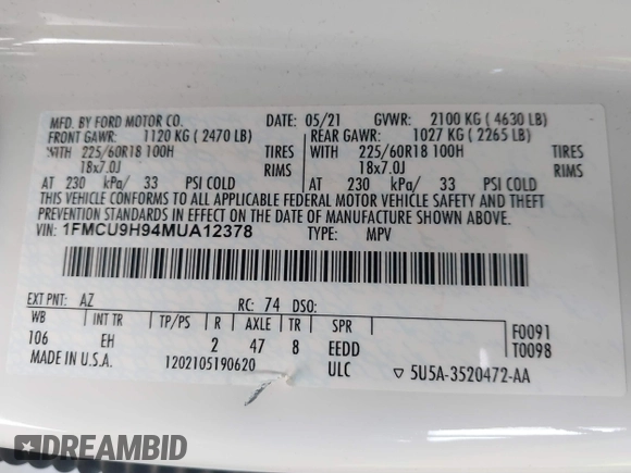 2021 Ford Escape SEL with VIN 1FMCU9H94MUA12378, listed as a IAAI auction lot 41799479 with 63,743 mi miles and . Bid and sale history available at DreamBid. Image 9.