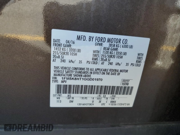 2016 Ford Explorer Platinum z VIN 1FM5K8HT1GGD01970, wystawiony jako Copart lot #65010965 z przebiegiem 66 553 mil mil oraz Szkoda całkowita • Salvage title. Historia ofert i sprzedaży dostępna na DreamBid. Obrazek 13.