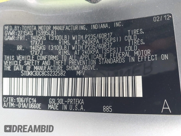 2012 Toyota Sienna LE AAS with VIN 5TDKK3DC8CS232582, listed as a IAAI auction lot 42068684 with 89,556 mi miles and . Bid and sale history available at DreamBid. Image 9.