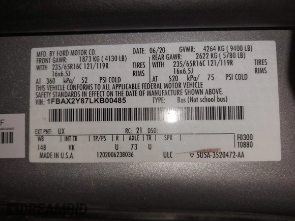 2020 Ford Transit Passenger XL with VIN 1FBAX2Y87LKB00485, listed as a IAAI auction lot 42188056 with 52,144 mi miles and . Bid and sale history available at DreamBid. Image 9.